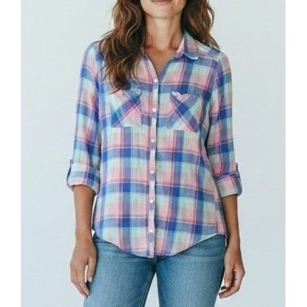 Hollister Womens Plaid Button Down Shirt Pink Blue Cotton Gauze Large